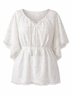 Catherines White Eyelet Lace Peasant Top Tassel Tie 1X NWT